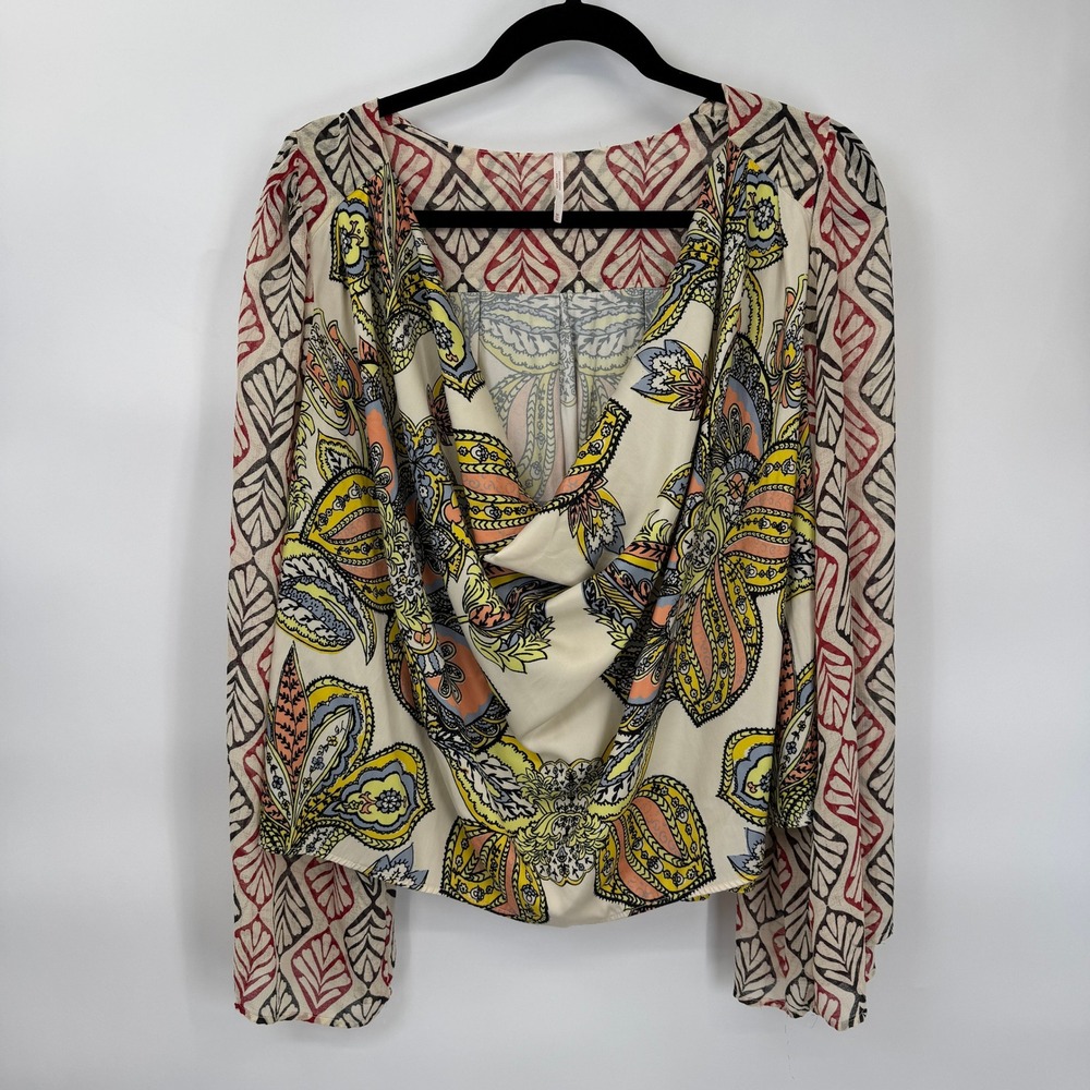 Free People Mixed Print Cowl Neck Blouse Womens Medium Red Cream Hippie Boho - Picture 2 of 13